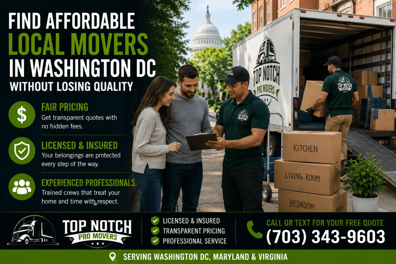 Top Notch Pro Movers crew providing a transparent moving estimate to a Washington DC family beside a moving truck while professionally loading room-labeled moving boxes in a residential neighborhood.
