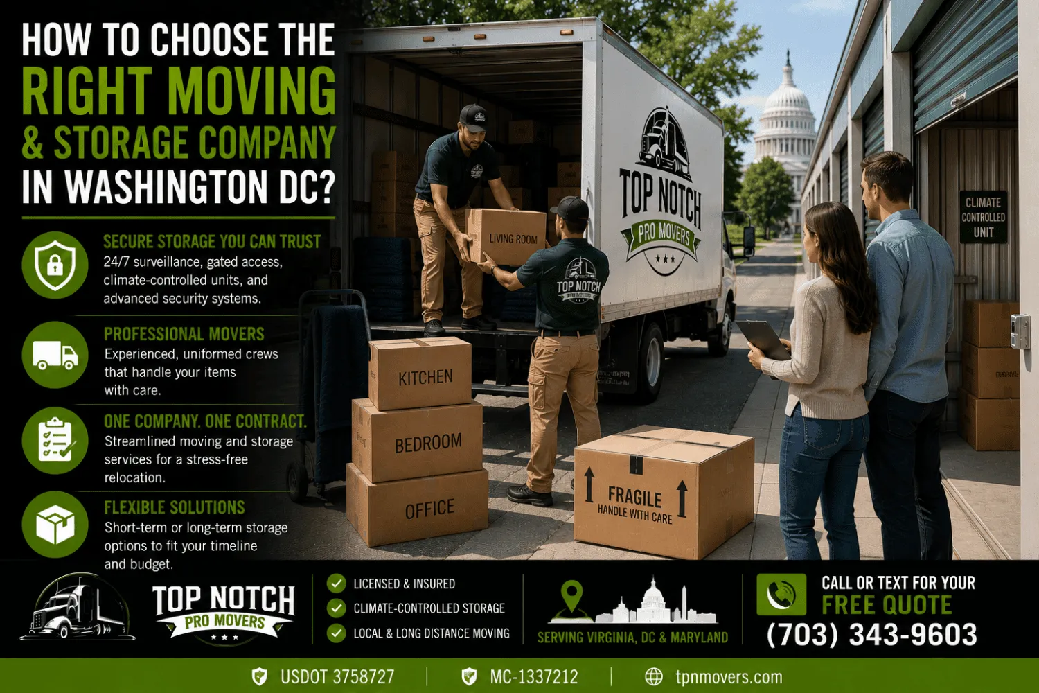 Top Notch Pro Movers crew loading room-labeled moving boxes into a moving truck outside a secure climate-controlled storage facility while customers observe the process in Washington DC.