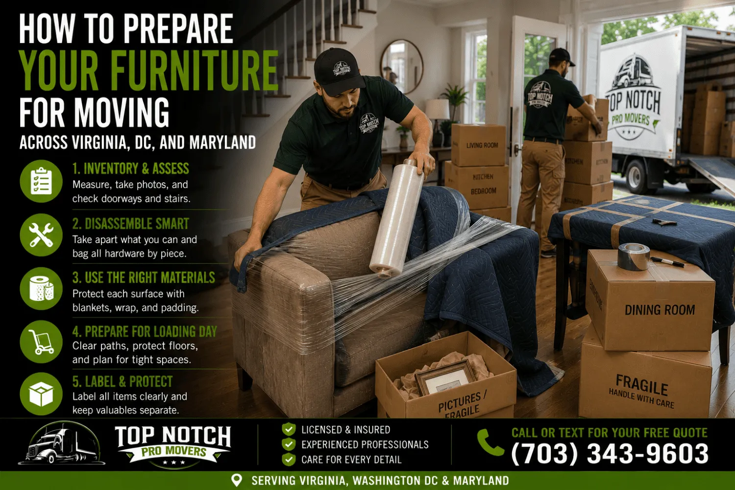 Top Notch Pro Movers crew professionally wrapping and protecting a sofa with moving blankets and stretch wrap while another mover loads room-labeled moving boxes into a moving truck outside a Virginia home.