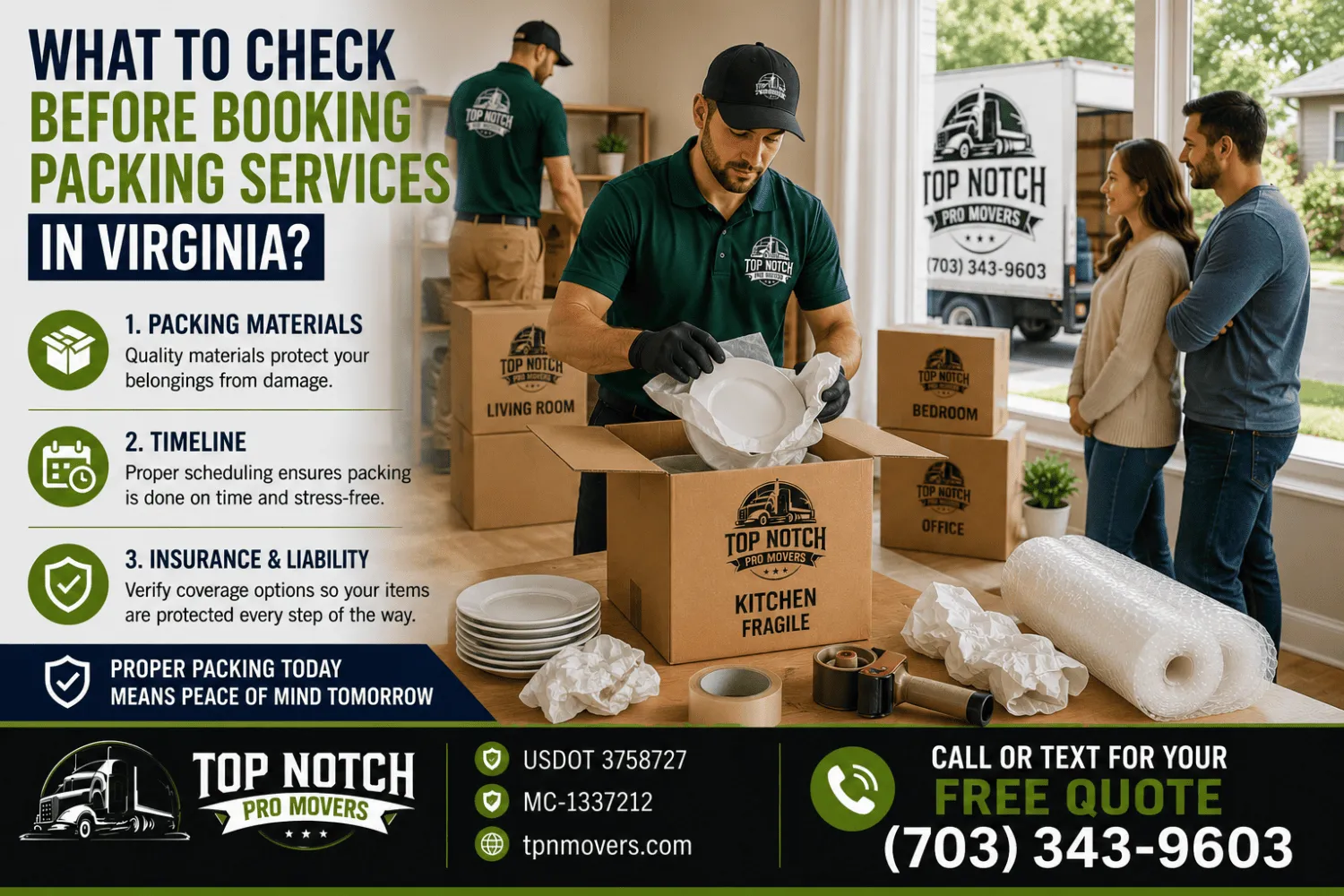 Top Notch Pro Movers professional packing crew carefully wrapping fragile kitchen dishes with premium packing materials while Virginia homeowners supervise. Room-labeled boxes and professional packing supplies demonstrate safe residential moving practices.