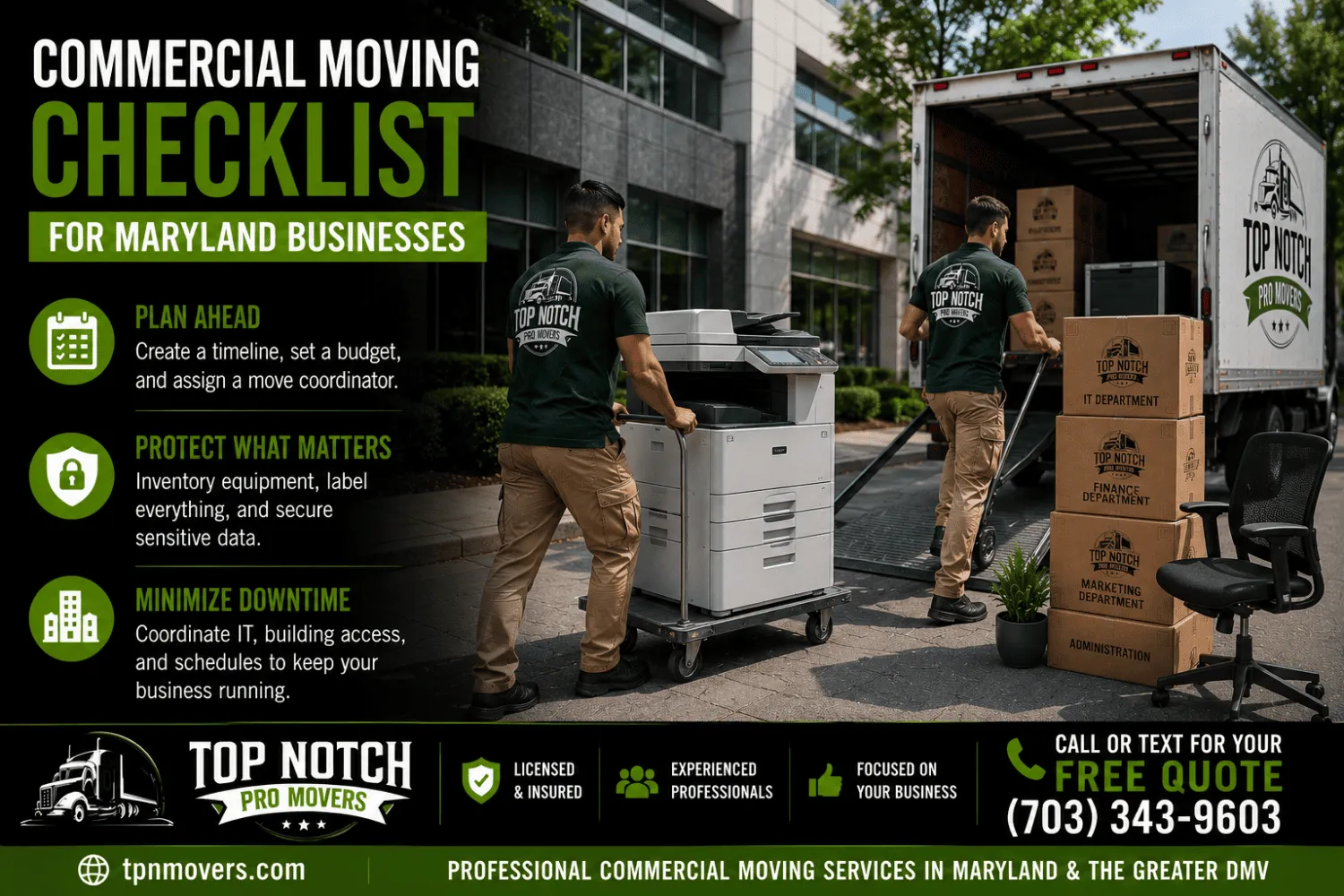 Top Notch Pro Movers commercial moving crew transporting a large office copier and department-labeled moving boxes outside a Maryland office building during a professional business relocation.