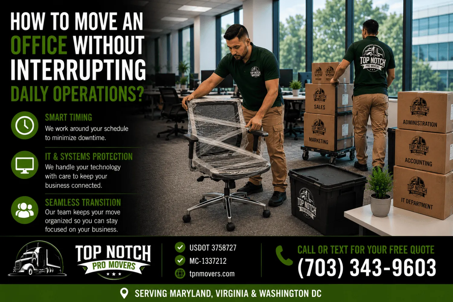 Top Notch Pro Movers commercial moving crew carefully wrapping office furniture and organizing department-labeled boxes during a phased office relocation designed to minimize business downtime.