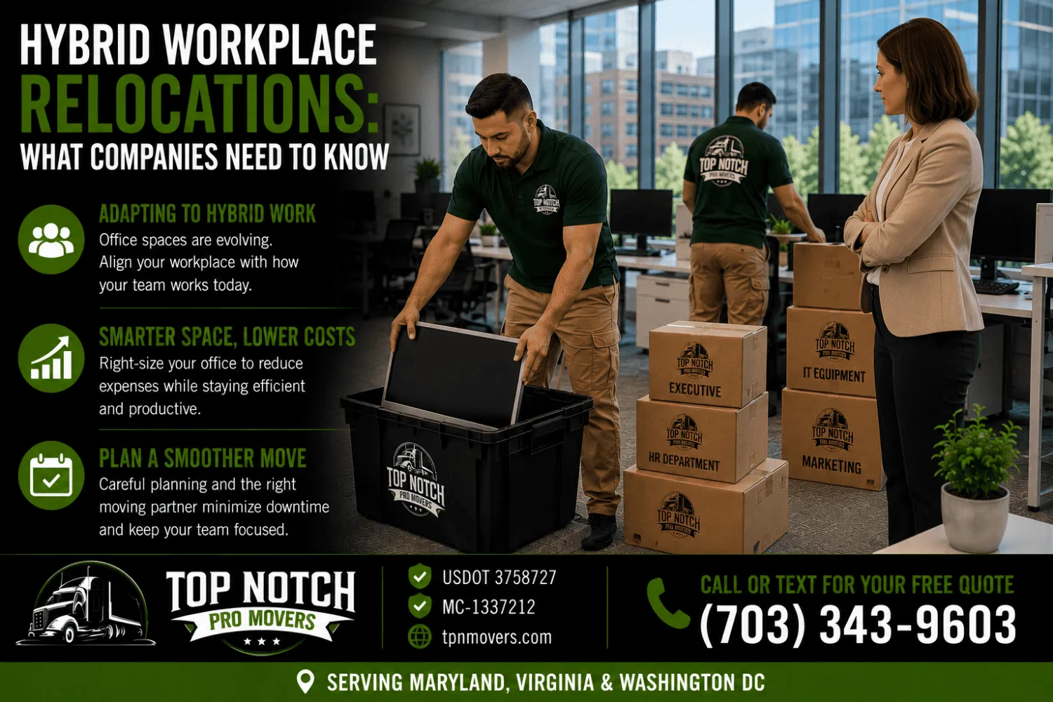 Top Notch Pro Movers commercial moving crew relocating office equipment while a business manager supervises a hybrid workplace office move inside a modern corporate office.