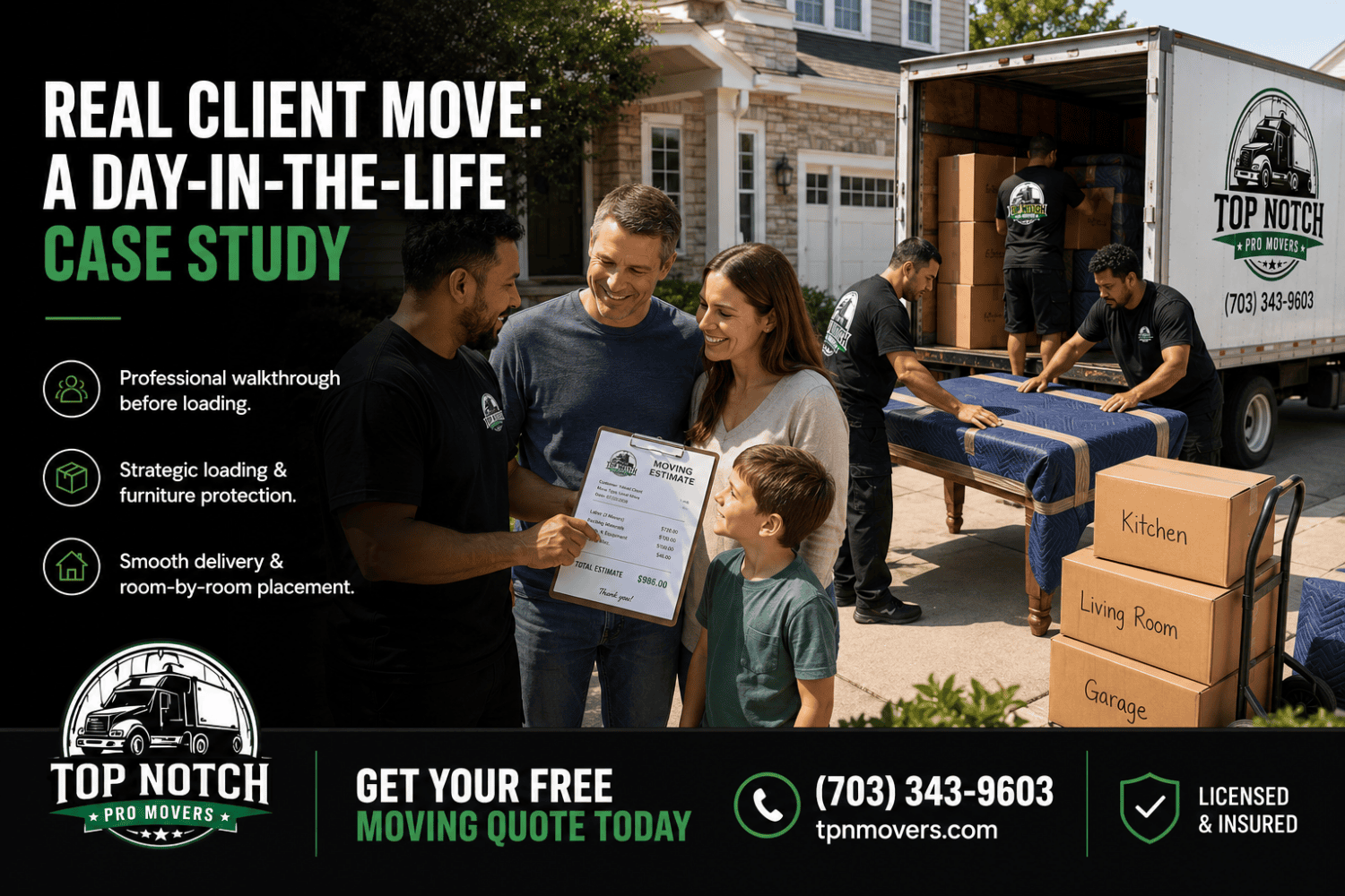 Professional Top Notch Pro Movers crew conducting a residential move in Northern Virginia while reviewing a moving estimate with a family, carefully wrapping furniture, loading labeled boxes, and preparing the moving truck.