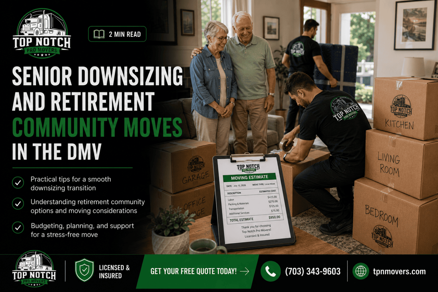 Professional Top Notch Pro Movers crew carefully wrapping and packing furniture while a happy senior couple watches with confidence during a downsizing move to a retirement community in the DMV.