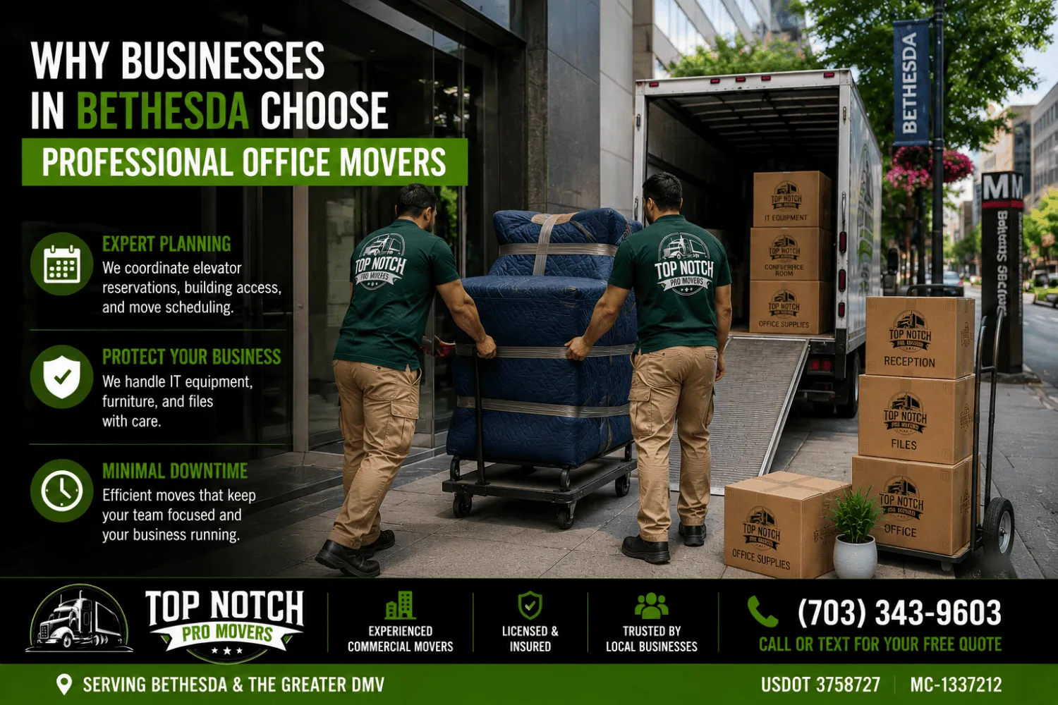 Top Notch Pro Movers commercial moving crew relocating office furniture and filing cabinets outside a modern Bethesda office building while coordinating a professional business relocation.